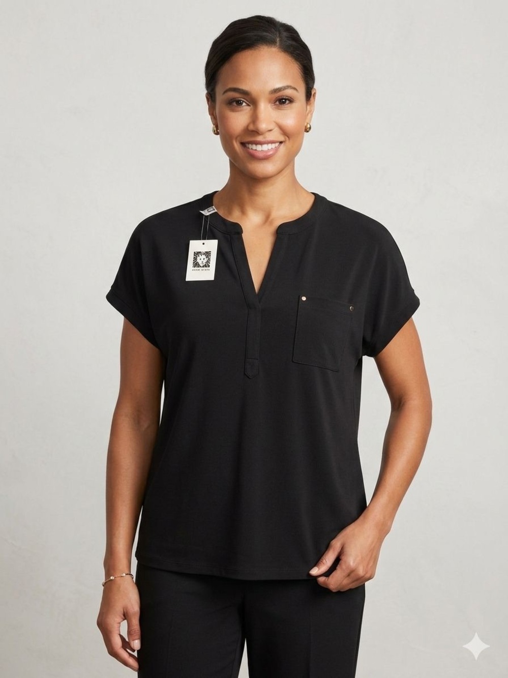 Anne Klein Black Split-Neck Short Sleeve Blouse